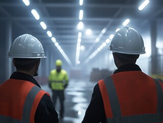 Helmeted workers conducting warehouse audit reflective gear