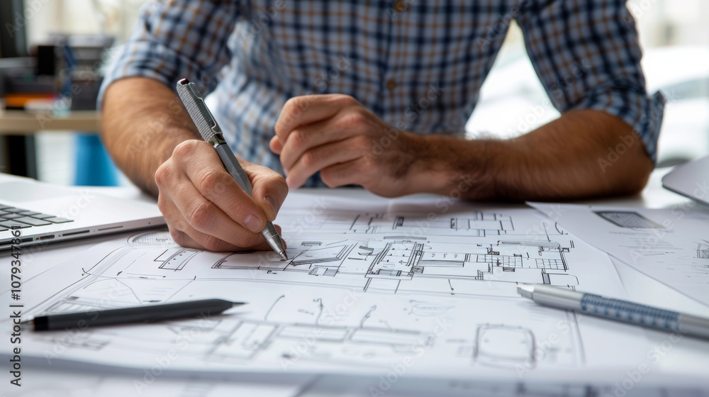 Poster a designer sketches innovative solutions while collaborating at a workspace with architectural plans