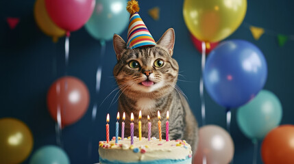 A playful cat celebrating its birthday with a cake and colorful balloons