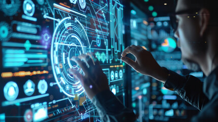 A person interacts with a digital interface while developing a high-tech concept in a modern workspace during evening hours