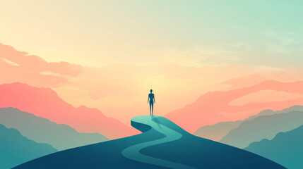  A solitary figure on a winding, arrow-shaped path climbs toward a serene sky, symbolizing ambition and growth.