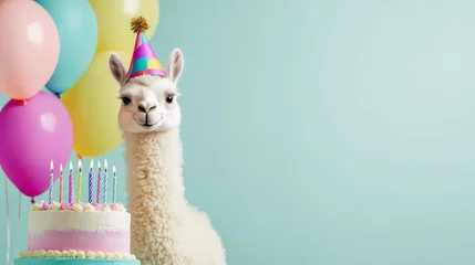 Fototapete Rund A playful llama celebrates a birthday with colorful balloons and cake © reddish