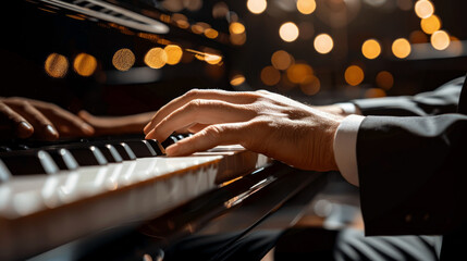 A musician performing a classical piano piece in an elegantly lit room during a captivating evening concert