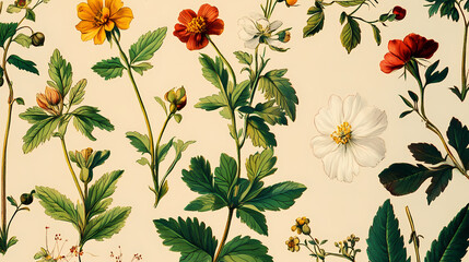 A collection of vintage botanical illustrations showcasing various flowers and plants on a beige background. Botanical. Illustration