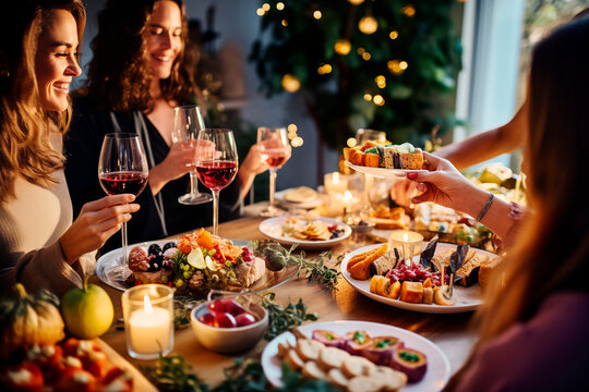 Grupo de amigos disfrutando de un aperitivo brindando con copas de vino en la mesa del comedor con comida y bebida celebrando una fiesta de Navidad y Fin de A&ntilde;o. Concepto estilo de vida.