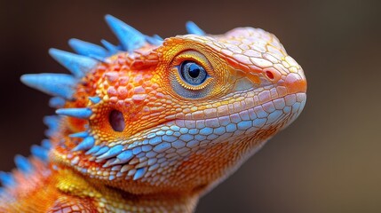 Fototapeta premium A close-up portrait of a colorful lizard with blue and orange scales and a spiky crest on its head.