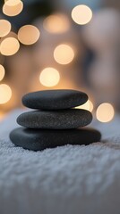 Hot stone massage therapy with blurred background and smooth stones