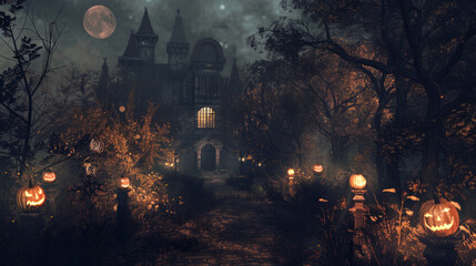 Haunted pathway leading to an eerie mansion surrounded by glowing jack-o'-lanterns on a misty Halloween night