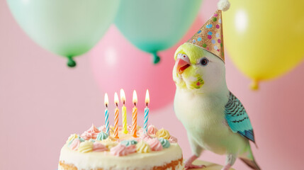 Celebrating a birthday with a cheerful parakeet and a colorful cake