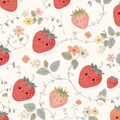 This delightful illustration showcases an array of smiling strawberries intertwined with playful flowers and vines, creating a cheerful and inviting pattern suitable for children's decor.generative ai