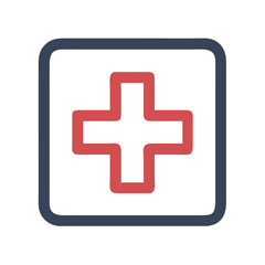 A red medical cross icon set within a square, symbolizing healthcare and emergency services, suitable for applications in medical contexts during any time of day