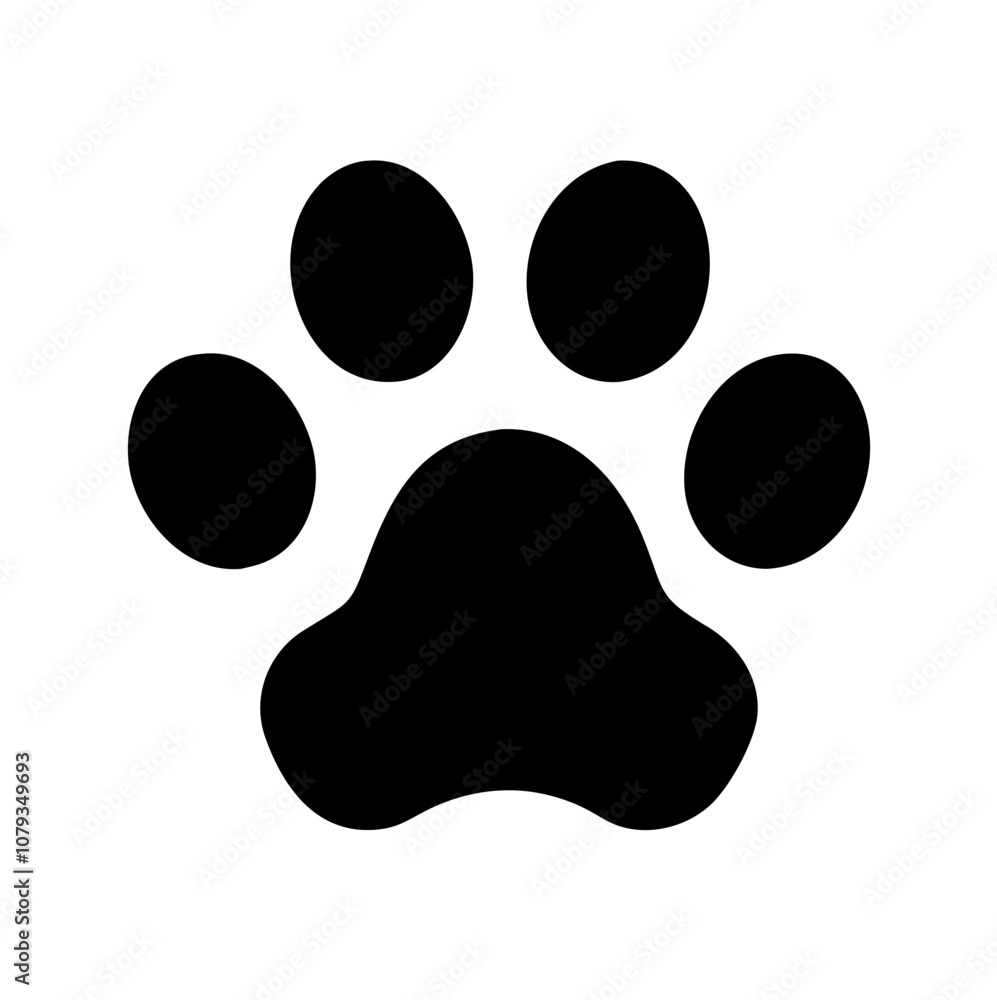 Poster a black vector icon of a stylized paw print suitable for use in animal-related designs, showcasing a