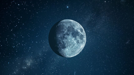 A bright full moon shining in a clear night sky filled with twinkling stars over a serene landscape