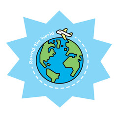 Round the Worldの文字と、飛行機と地球のイラスト