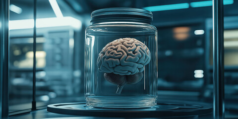 Futuristic brain preservation in a laboratory glass jar for scientific study