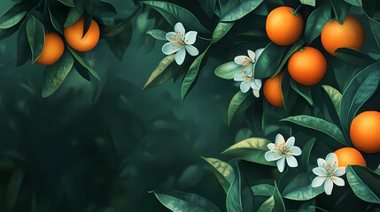 A horizontal format of orange blossoms, leaves, and fruit with a green-colored background in a juicy fruit-themed, realistic illustration in jpg. generative ai. Botanical. Illustration