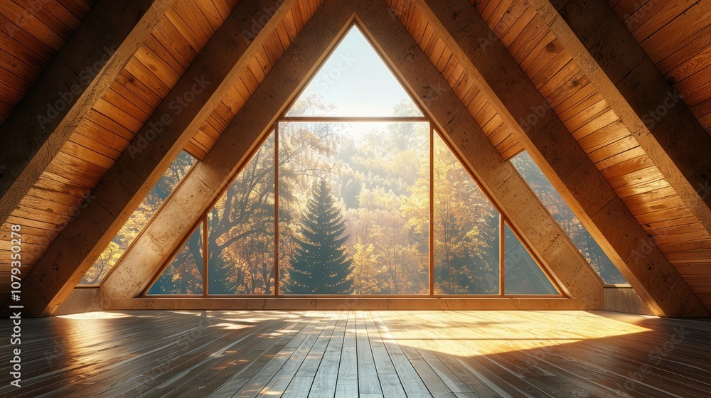 Poster large triangular window in a wooden cabin with beams and a view of the forest.