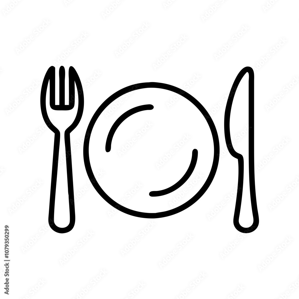 Poster a simple vector icon featuring a plate with cutlery, showcasing a fork and knife arranged symmetrica