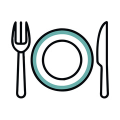 Vector icon featuring a plate along with a knife and fork designed for culinary themes, dining settings, or restaurant applications emphasizing a simple, clean aesthetic