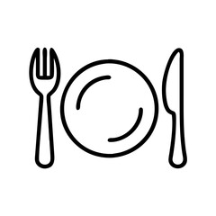 A simple vector icon featuring a plate with cutlery, showcasing a fork and knife arranged symmetrically on either side, perfect for culinary themes or dining graphics