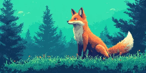 Ingelijste posters Koraalgroen Serene pixel art fox sitting in vibrant forest landscape  © HelgaQ