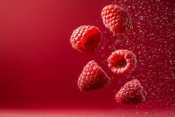 Fresh raspberries floating against a vibrant red background in mid-air