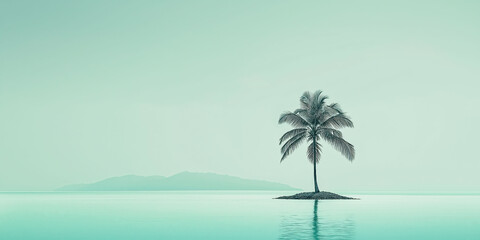 Obraz premium Solitary palm tree on calm ocean with distant island vista in minimalist green tones, travel agency ads