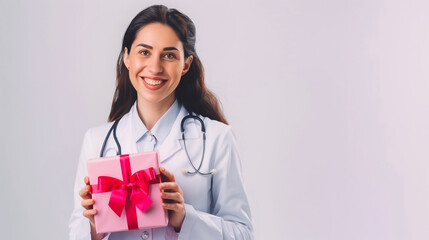 Medical promo, female doctor holding a pink gift box 