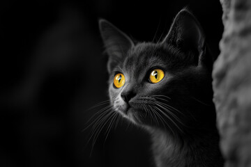 A curious gray cat with striking yellow eyes gazes thoughtfully