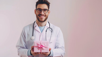 Medical promo, smiling male doctor holding a pink gift box 