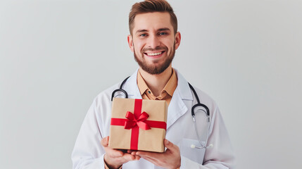 Medical promo, smiling male doctor holding a gift box 