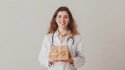 Medical promo, female doctor holding a gift box 