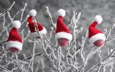 Mini Santa Hat Ornaments  Festive mini Santa hats used as ornaments, nestled among frosted branches. --