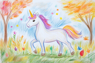 A whimsical crayon drawing of a white unicorn with a golden horn, rainbow mane, and tail prancing in an autumn meadow surrounded by colorful flowers