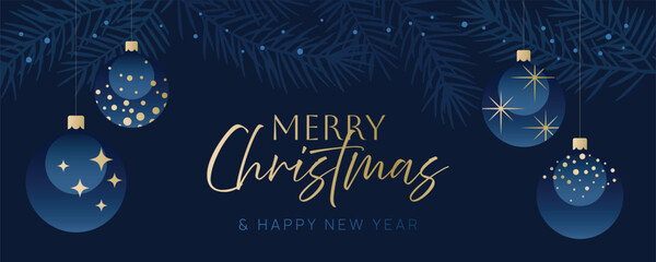 Merry Christmas dark blue background with&nbsp;gold and blue ornaments hanging from pine branches.&nbsp;Holiday greeting banner design for Christmas celebration.