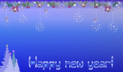 New Year banner with pine branches, holly, glass balls, bell and New Year greetings