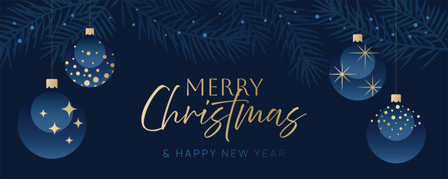 Merry Christmas dark blue background with gold and blue ornaments hanging from pine branches. Holiday greeting banner design for Christmas celebration.