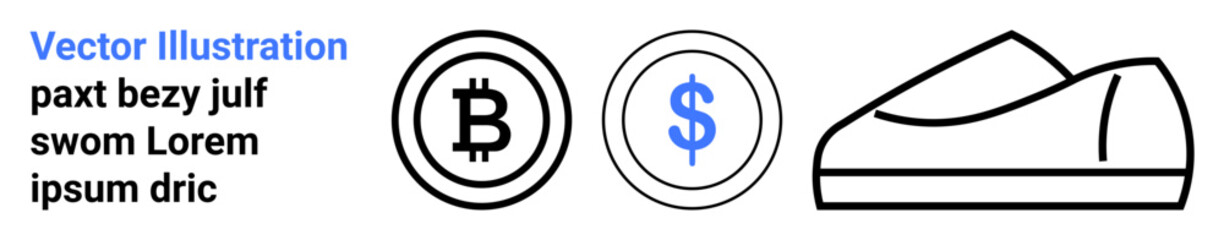 Cryptocurrency symbols of Bitcoin and Dollar alongside a minimalist shoe icon. Ideal for financial technology, e-commerce, digital payments, online shopping, modern currency, blockchain, and retail