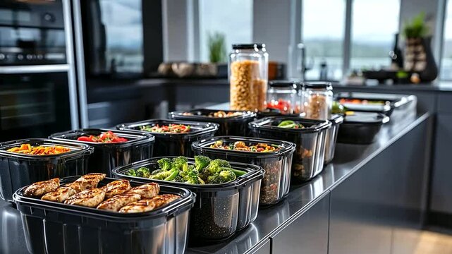 A kitchen counter lined with Tupperware containers, each filled with balanced meals such as grilled chicken, steamed vegetables, and quinoa