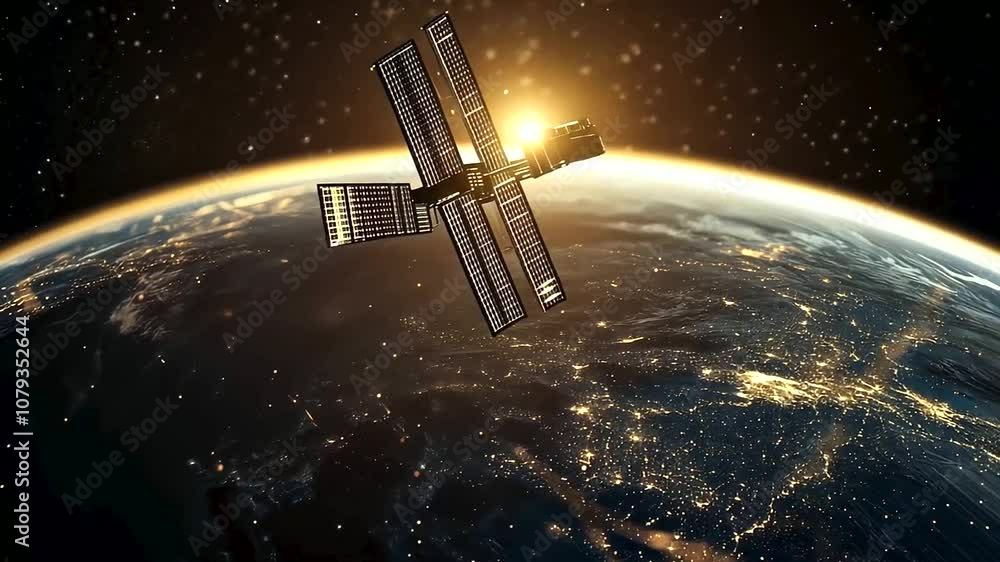 Poster a satellite orbits earth, its solar panels gleaming as it transmits signals to a web of glowing line