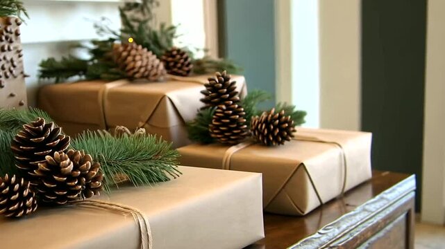 A stack of brown paper-wrapped gifts tied with twine and decorated with pinecones and greenery, with a natural, rustic aesthetic perfect for an eco-friendly celebration.