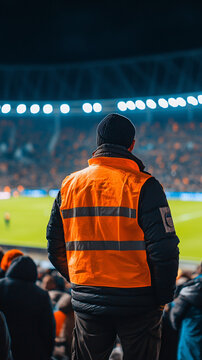 Stadium steward in high-visibility vest overseeing crowd during nighttime soccer match