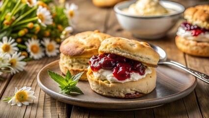 Scone with Clotted Cream and Jam with Wildflowers
