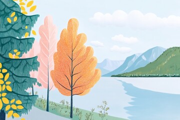 Trees by the lakeshore under a sunny autumn sky showcasing a beautiful mountainous landscape with fluffy clouds