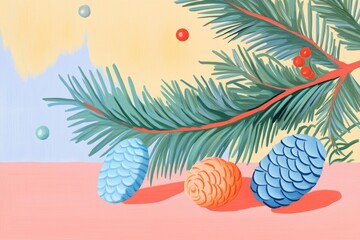 Christmas themed coloring page featuring decorative cones and fir branches on a wooden surface