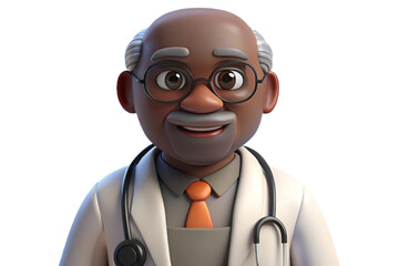 Cheerful elderly African-American doctor with glasses, wearing a stethoscope, ideal for medical advice, health insurance ads, and educational content.