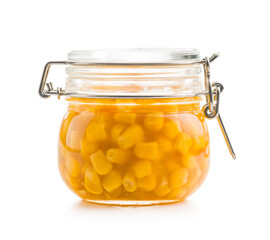 Canned sweet corn in jar isolated on white background.