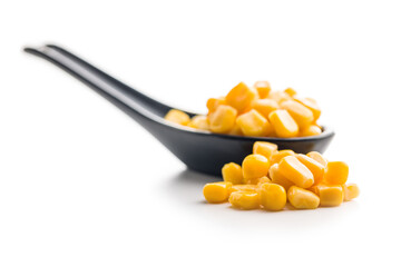 Canned sweet corn isolated on white background.