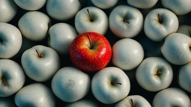 White apples, with one red apple standing out in the center.