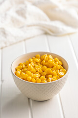 Canned sweet corn in bowl on white table.